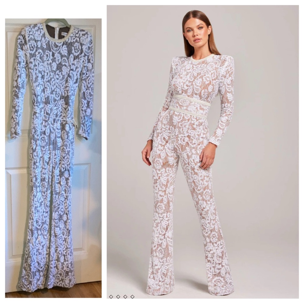 Nadine Merabi Bella White Sequin Lace Formal Romper Jumpsuit sz XSmall